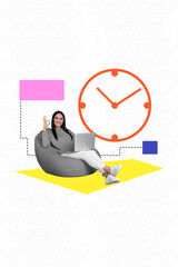 Poster - Vertical photo collage of young female worker smiling sit on beanbag ok gesture hold laptop computer work remotely on creative background