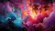 Close-up of ethereal liquid flames in a blend of magenta and cyan hues, illuminating a surreal landscape