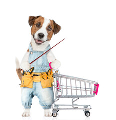 Poster - Funny Jack russell terrier puppy wearing denim overalls with tool belt holds the shopping cart and points away on empty space. isolated on white background