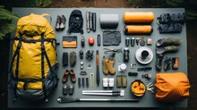 Camping And Hiking Trips With Views From Above. And Hiking Gear, Equipment, And Accessories For Mountain Travel.