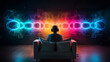 Person sitzt auf Sofa in einem fast leeren Raum mit Musik Kopfhörern und farbigen neon Lichter Linien Wellen im Raum Audiowellen Generative AI 