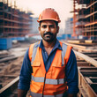 Portrait of an Indian man builder wearing uniform, at big construction site. Diversity, building process, urbanization, migration and globalization concepts.