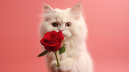 Wall Mural - Adorable white fluffy cat holding red rose  as Valentine's Day gift . isolated on pastel background with copy space