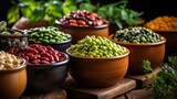 Fototapeta  - All kinds of different types of beans in simple pots on a wooden table: black beans, red beans, white beans, fabes, broad beans, alluvian chickpeas, green lentils, black lentils.