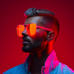 Portrait of a handsome young man in a gray windbreaker jacket, wearing orange neon sunshades. Isolated on a minimal red background. Minimal fashion concept of neon simplicity and summer vibrance.