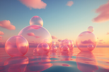 Wall Mural - Floating pink bubbles in and above the calm ocean during sunset, in the style of surreal 3d landscapes. Soft pink, orange and cyan hues with translucent elements. Realistic perspective.