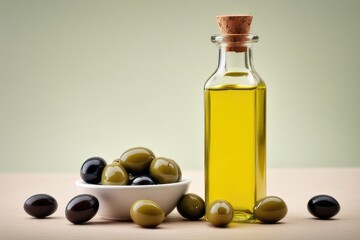 Wall Mural - olive oil in a glass bottle with olives on a white background