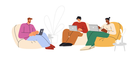 Poster - Business team, colleagues sit with laptops in beanbag chairs. Office worker, employees work under project together. Corporate coworking. Flat graphic vector illustration isolated on white background
