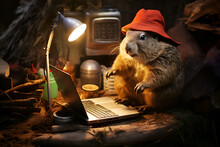 Marmot In Red Panama Hat Working On Laptop In Hole Groundhog Day Anthropomorphic Marmot