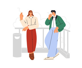 Poster - Man and woman, smokers couple. Employees, office workers smoke during outdoor break. Business people, colleagues smoking, talking, discussing. Flat vector illustration isolated on white background