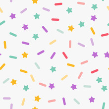 Simple Minimalistic Seamless Pattern, Multicolored Playful Hand Drawn Cute Lines And Stars On A White Background. Sugar Sprinkles On A Donut, Confetti, Cupcake.