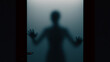 Terrified woman standing outside an opaque glass door, 3d rendering