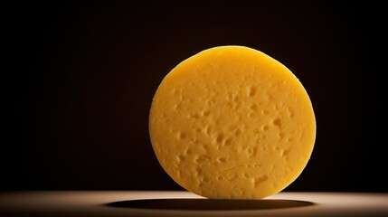 A round cheese looking like moon is sitting on a table in the dark, AI