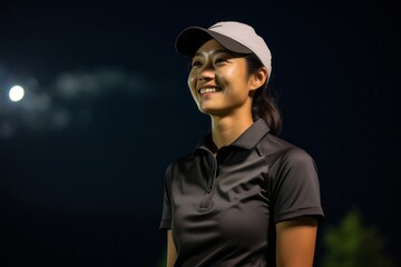 Poster - Portrait of a smiling asian woman in her 20s wearing a breathable golf polo against a sparkling night sky. AI Generation