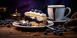 Blueberry Cheesecake with cup of coffee on wooden table for morning frack fast concept  Blueberry cake - delicious summer ,winter fruit dessert AI Generative 