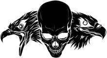 Vector Illustration Black Silhouette Of Two Head Eagle With Skull