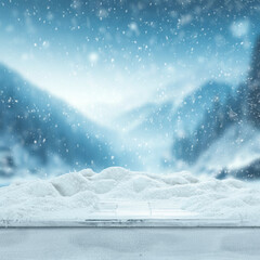 Wall Mural - desk of free space with snow and frost and winter landscape of mountains. cold december time.