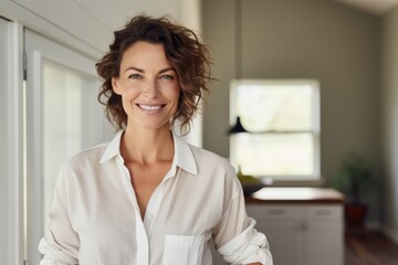 Sticker - Portrait of a smiling woman in her 40s sporting a vented fishing shirt against a modern minimalist interior. AI Generation