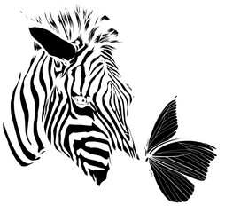 Poster - vector black silhouette of Zebra head with butterfly animal