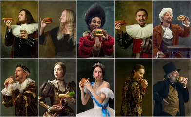 Wall Mural - Collage. Medieval people, men and women in vintage costumes eating fast food, burgers over dark green background. Concept of comparison of eras, modernity and renaissance, baroque style, junk food
