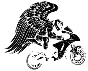 Canvas Print - black silhouette of Motorbike rider with wings vector silhouette. Road motorcycle racing