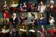 © master1305 - Collage. Portrait of different royal people, famous historical personages drinking wine over dark vintage background. Concept of comparison of eras, modernity and renaissance, baroque style.