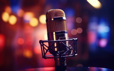 Studio karaoke microphone over the bright blurred background