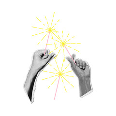 Wall Mural - 90s vintage New year hands holding sparkler. Torn out paper Collage style. Retro style party. Vector illustration for poster or greeting card
