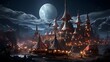 Illustration of a fantasy fairytale town at night with full moon