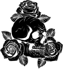 Sticker - black silhouette of Vintage human skull with rose flowers isolated vector illustration