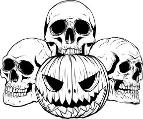 black silhouette of Halloween pumpkin with skulls, vector illustration art