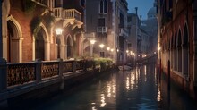 Venice Canal At Night. Panoramic View Of Venice, Italy