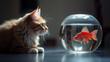 A little cat looking a goldfish in a glass bowl.