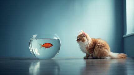 A little cat looking a goldfish in a glass bowl.