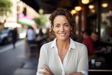 Wall Mural - Portrait of a happy woman in her 40s donning a classy polo shirt against a bustling city cafe. AI Generation