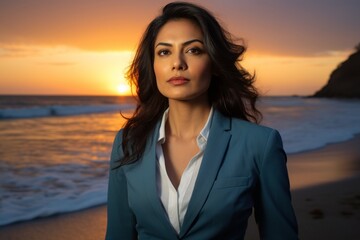 Sticker - Portrait of a content indian woman in her 30s wearing a professional suit jacket against a beautiful beach sunset. AI Generation