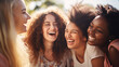 A group of young women laughing together, symbolizing joy and sisterhood, Feminism, Women day, blurred background, with copy space
