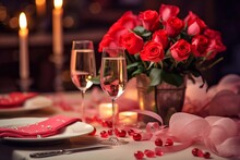 Valentine's Day Table Setting With Red Roses And Champagne Glasses
