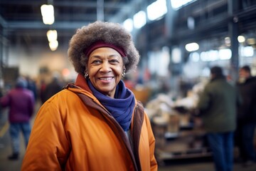 Poster - Portrait of a merry afro-american woman in her 80s wearing a warm parka against a bustling factory floor. AI Generation