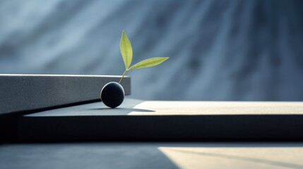 Canvas Print - A sprout that grew from a walnut lying on stone steps, AI