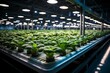 High-yield hydroponic lettuce farm with LED grow lights, Generative AI