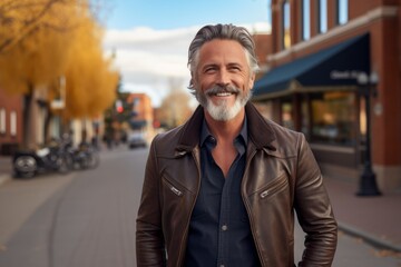 Wall Mural - Portrait of a smiling man in his 50s sporting a stylish leather blazer against a charming small town main street. AI Generation