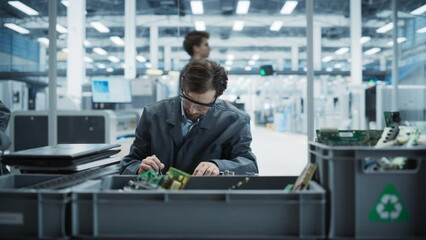 Aufkleber - Caucasian Male Worker Disassembling Old Laptops To Recycle Electronic Components For Sustainable Microchip Production At Electronics Factory. Man Unscrewing Motherboards And Sorting Parts In Boxes.
