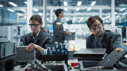 Aufkleber - Caucasian Male And Female Employees Taking Apart Old Laptops To Recycle Electronic Components For Microchip Production At an Electronics Factory. Man And Woman Unscrewing and Sorting Computer Parts.