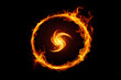 Magic fire circle on black background. Round fiery spell effect