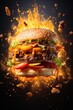 An exploding bar-b-q, smash, exploding, taste, favor, coal, fire, charcoal, grill, meat, fast, meal, food, delicious, sandwich, homemade, bread, grilled, rustic, cheese, beeof a delicious juicy burger