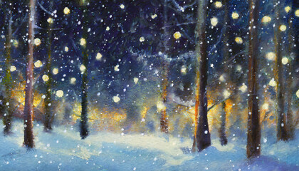 Poster - Snow falling at night in a snowy dark forest, christmas lights, copy space