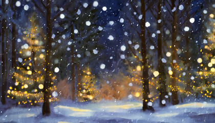 Canvas Print - Snow falling at night in a snowy dark forest, christmas lights, copy space