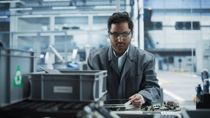 Aufkleber - Indian Male Worker Disassembling Old Laptops To Recycle Electronic Components For Microchip Production At Automated Electronics Factory With Robotic Arms. Man Unscrewing Displays And Sorting Them.
