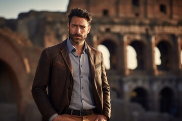 Poster - Portrait of a tender man in his 40s sporting a stylish leather blazer against a backdrop of ancient ruins. AI Generation